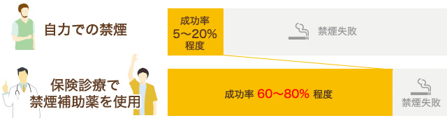 自力での禁煙成功率は5~20%程度、保険診療で禁煙補助薬を使用での禁煙の成功率は60~80%程度