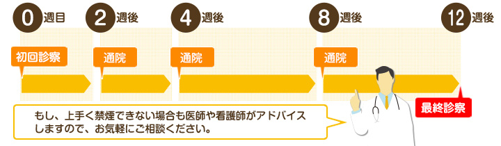 禁煙外来のスケジュール:もし上手く禁煙できない場合も医師や看護師がアドバイスしますので、お気軽にご相談ください。